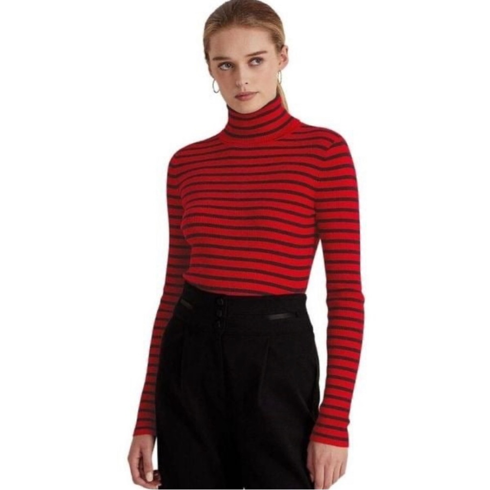 Lauren Ralph Lauren Red and Black Striped Turtleneck Sweater